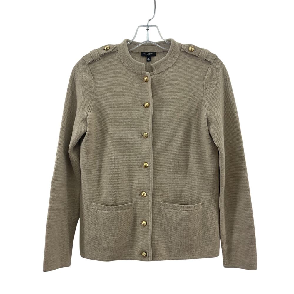 Talbots Petite S Merino Wool Women's Cardigan Beige Knit & Gold Buttons